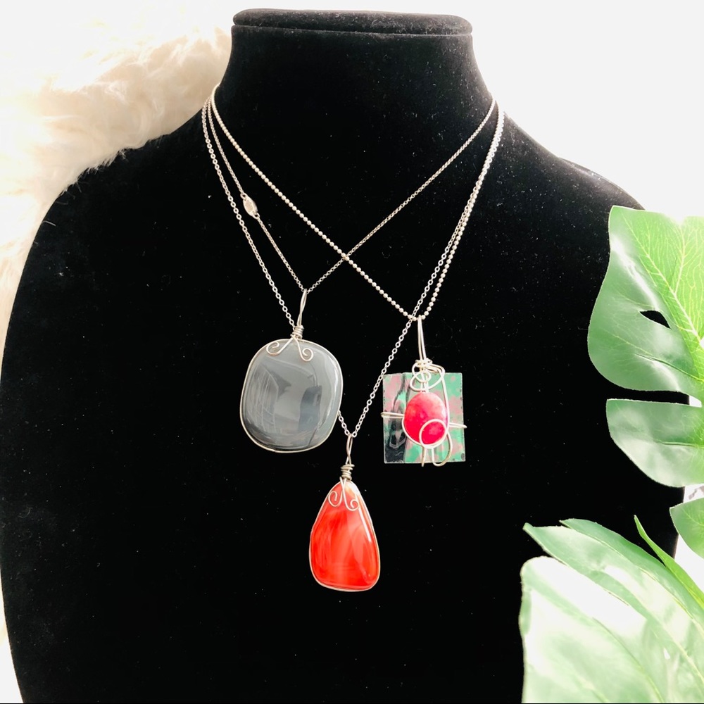 Set of 3 Wire Wrap Stone and Glass Necklaces